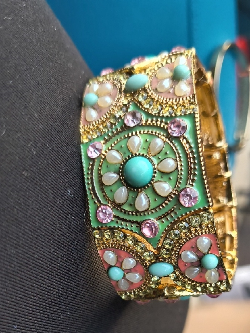 Gold-Tone Multicolor Floral Enamel Hinged Bracelet - Turquoise & Pink